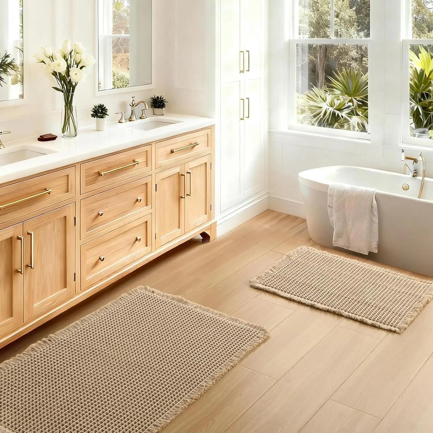 Set of 2 Waffle Bath Mats Non Slip Bath Rugs Super Absorbent Fast Drying for Bathroom Floor Tub 16x24 and 20x32 Inches Brown