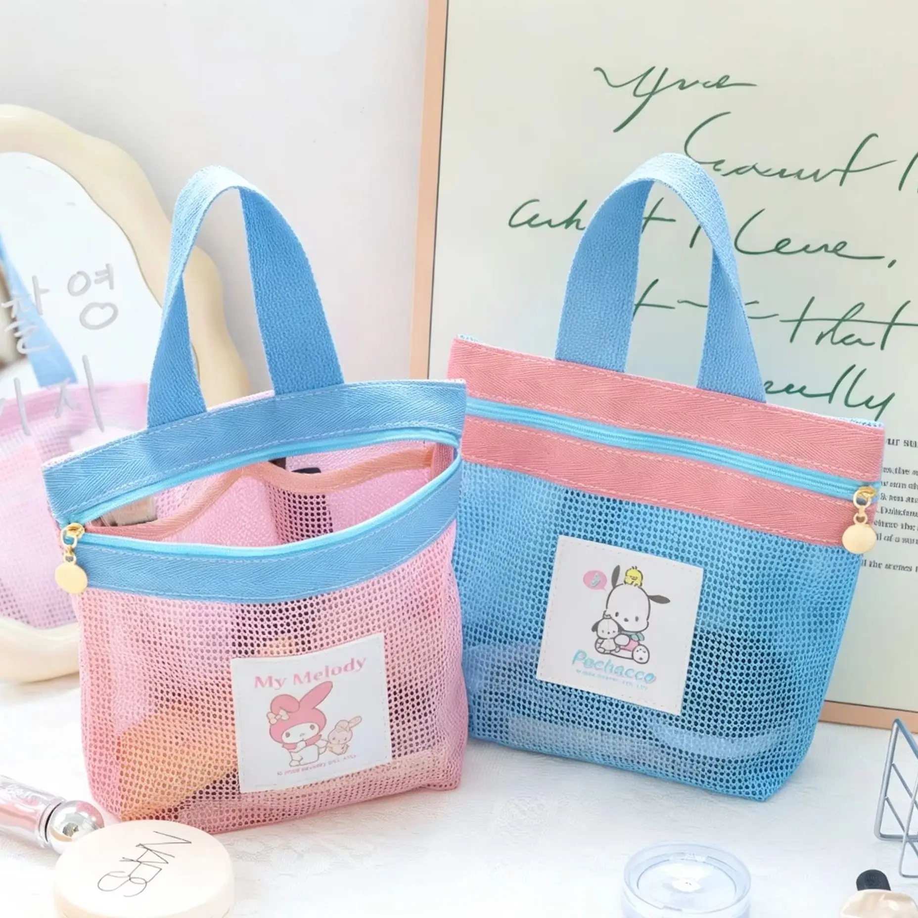 Bolsa de almacenamiento portátil, bolsa de maquillaje, bolsa de aseo Sanrio, tela de malla, almacenamiento multicategoría, bolsa portátil para maquillaje y artículos de aseo