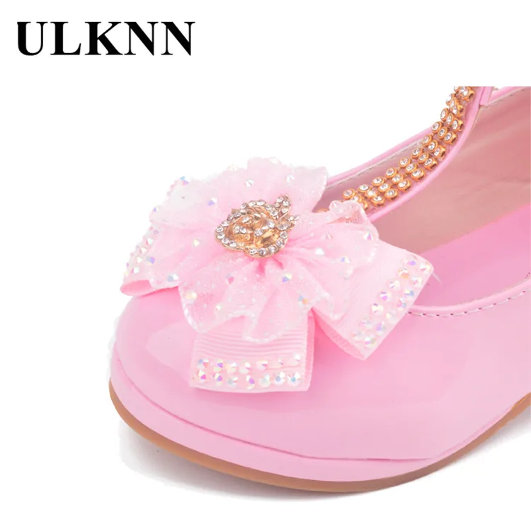 ULKNN Children Party Leather Shoes Girls PU Low Heel Lace Flower Kids Shoes For Girls Single Shoes Dance Dress shoe White Pink