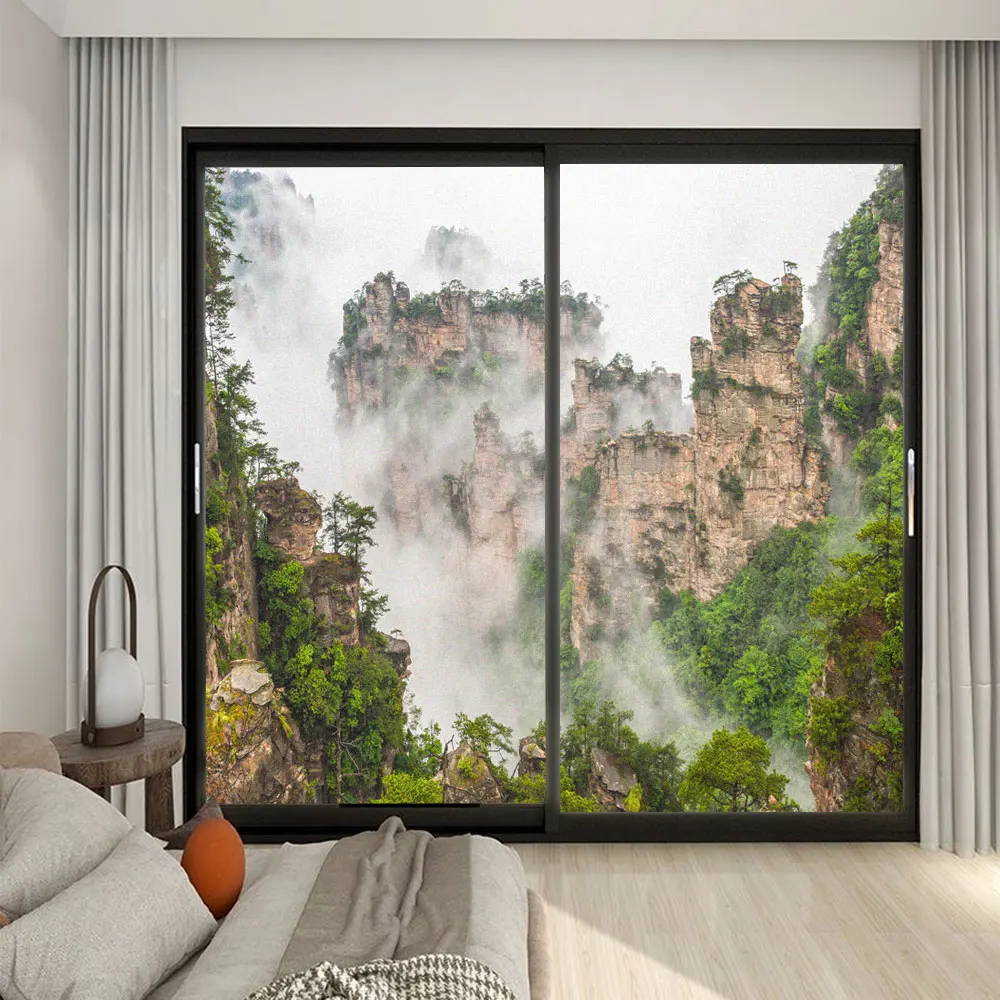 Static Cling Privacy Window Film Heat Control UV Blocking Window Glass Sticker Frosted Mountain Scenery Window Tint