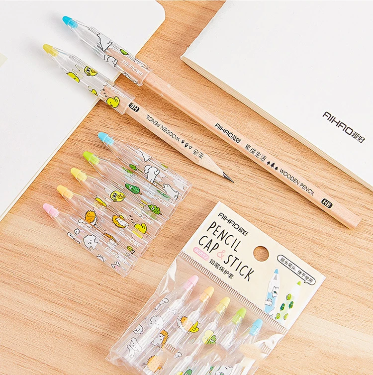 Elementary School Cartoon Lápis Cap, Case Proteção, Pen Cover, Extender Caps, Material Escolar, 5Pcs