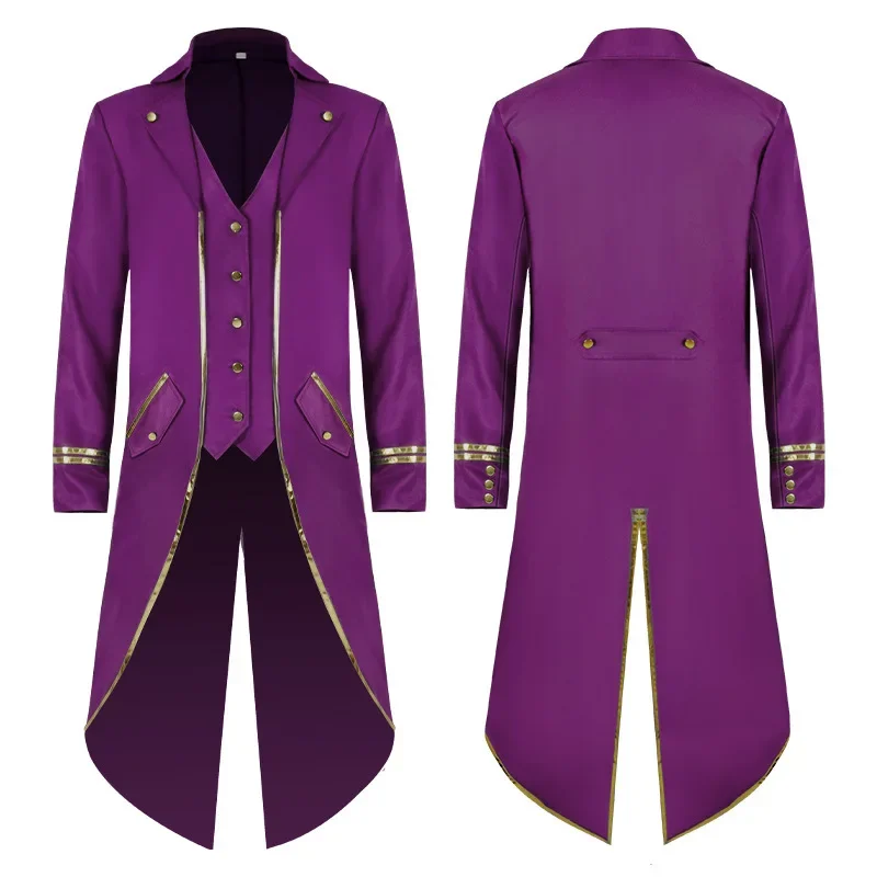 New Men's Retro Mid-Length Punk Coat Gold Trim Trench Medieval Style Halloween Cosplay Clothing Red Green Purple Trench Jacket