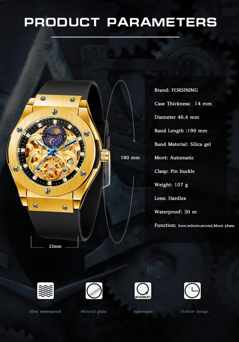 Luxury Brand Royal Style Tourbillon Automatic Wristwatch Skeleton Mechanical Men Watch Silicone Strap Moon Pash Display Dial