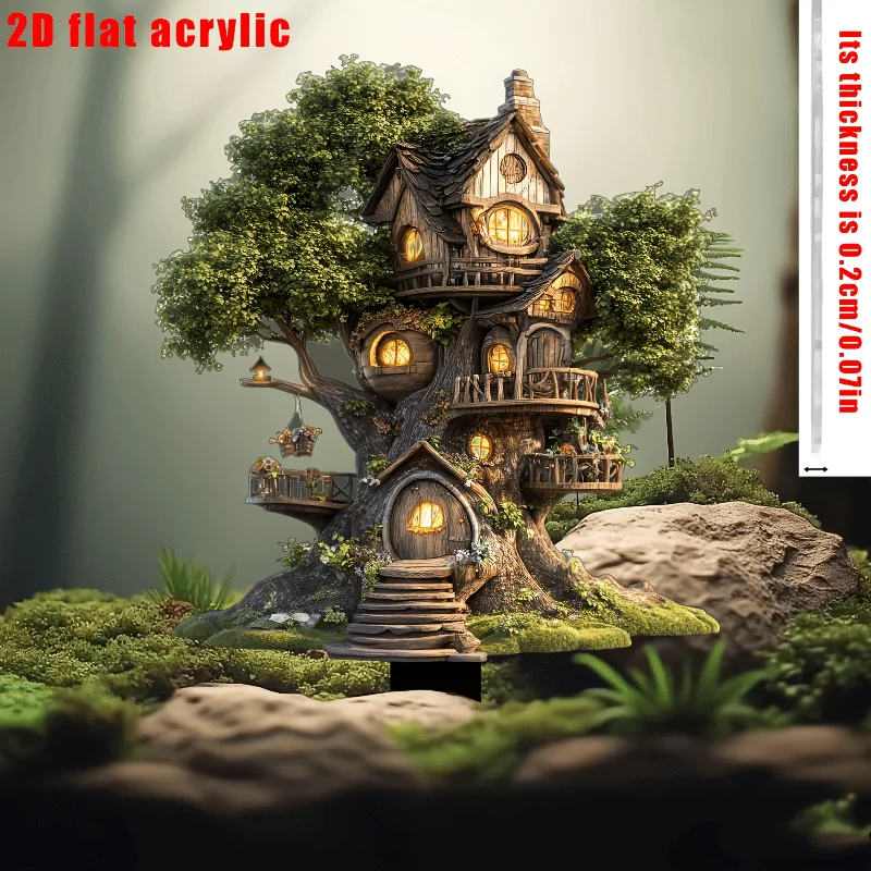 2D Flat Acrylic Fairy Tale Treehouse - Warm Glow, 3D Style Outdoor Decoration, Suitable for Garden, Lawn, Patio | Perfect Gift