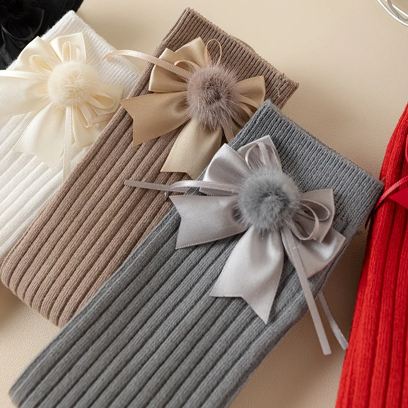 2025 جديد الفتيات جوارب طويلة إلى الركب بلون الكورية نمط القوس ديكور الأطفال الجوارب ربيع الخريف 3-8Y الاطفال موضة منتصف العجل الجوارب #4