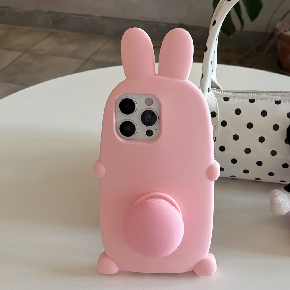 Klappbare Halterung, Ständer, weiche Silikon-Handyhülle für iPhone 13, 14, 15, 16 Pro Max, 3D, niedliches Kaninchen, rosa Hase, stoßfeste Abdeckung
