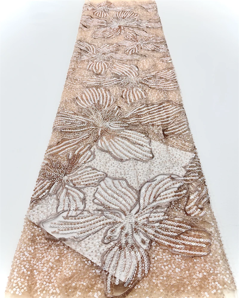 

African FrenchBeaded Lace Fabric Sewing Sequins Embroidery Nigeria Net Lace Fabric for Women Wedding Dress