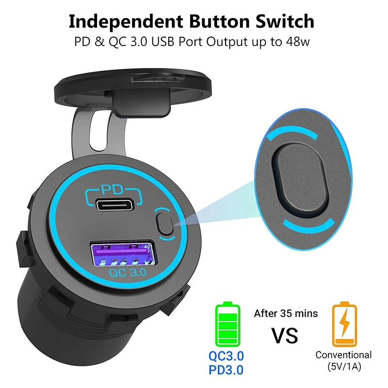 12V USB Outlet Cigarette Lighter Socket Panel QC3.0 & PD3.0 USB Charger Power Outlet with Switch Waterproof for Car Marine RV