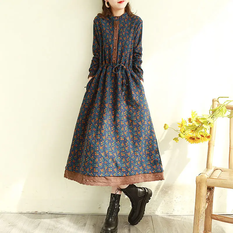 

Japanese Mori Girl Art Print Dress Pretty Cotton Linen Spring Women New Floral Dress Loose Long-sleeved Dress Midi Dress