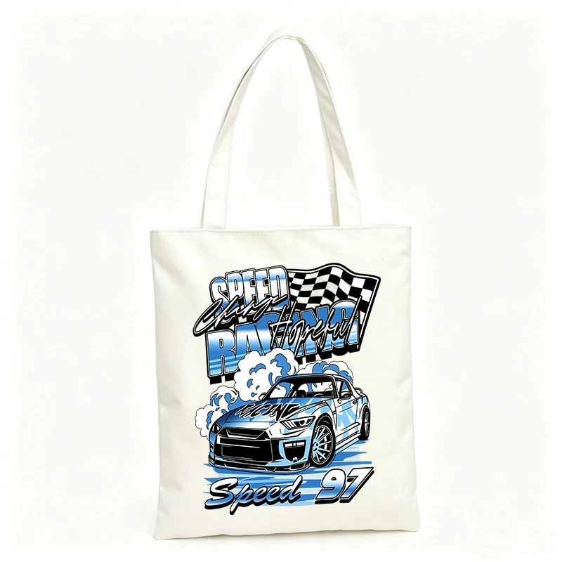 Men's racing car graphic canvas tote bag with typography print, ideal for casual outings and automotive enthusiasts
