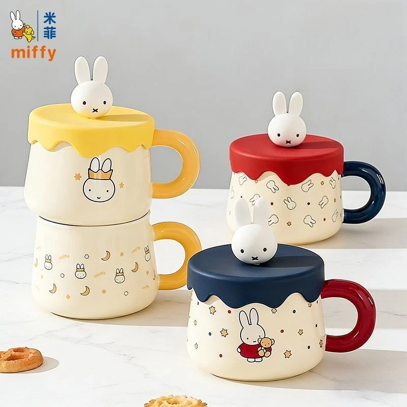 Lovely Cartoon Miffy Rabbit Ceramic Coffee Mug with Lid Stylish High‑Aesthetic Couple Cup for Milk Drinking Home Use Kawaii Cute