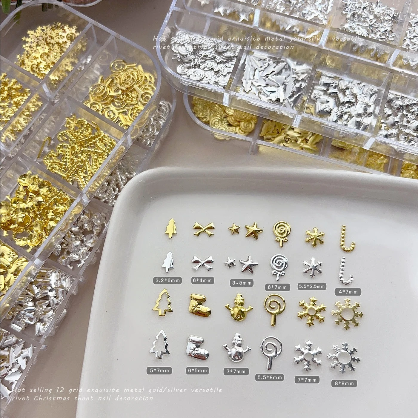 1Pcs 12 Grid Box Alloy Snowflake Flatback Rivet Nail Rhinestones Irregular Charms for Christmas DIY Manicure Nail Art Decoration