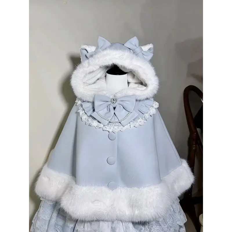 Winter 2025 New Lolita Shawl Overcoat Women Design Bow Hooded Patchwork Kawaii Cope Coat Female Warm Chic Sweet Fur Collar Coat