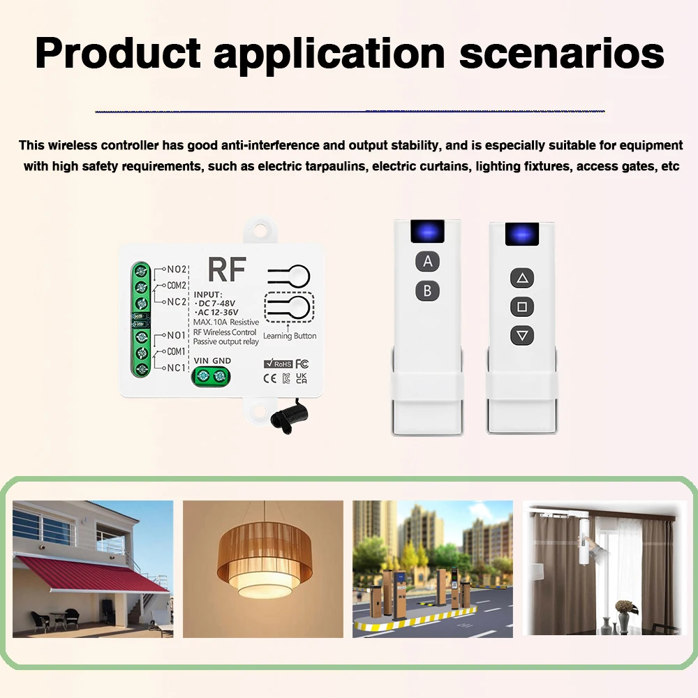 Universal Wireless Remote Control RF433MHz Receiver Relay DC 12V 24V AC12-36V 2CH Transmitter for Garage Roll Shutter Motor LED