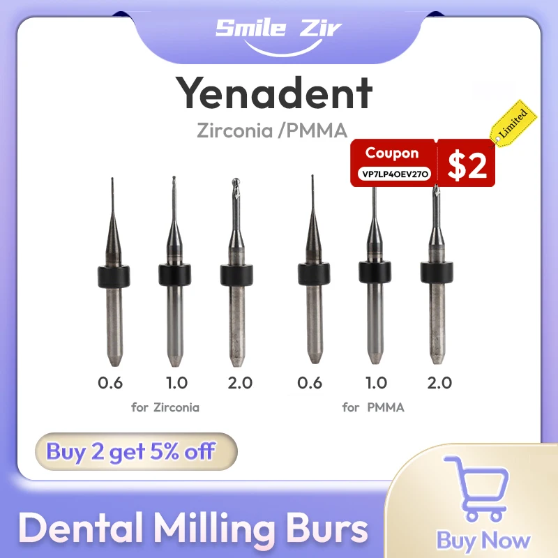 

Yenadent Dental Lab Milling Burs for Zirconia PMMA Lithium Disilicate D4 DC NC Coating Dentisity Materials Grinding Drills