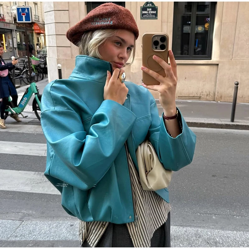 Women's Solid Faux Leather Jacket Stand Collar Zippers Long Wide Sleeves Cropped Coats 2026 Autumn Fashion All-match Streetwears