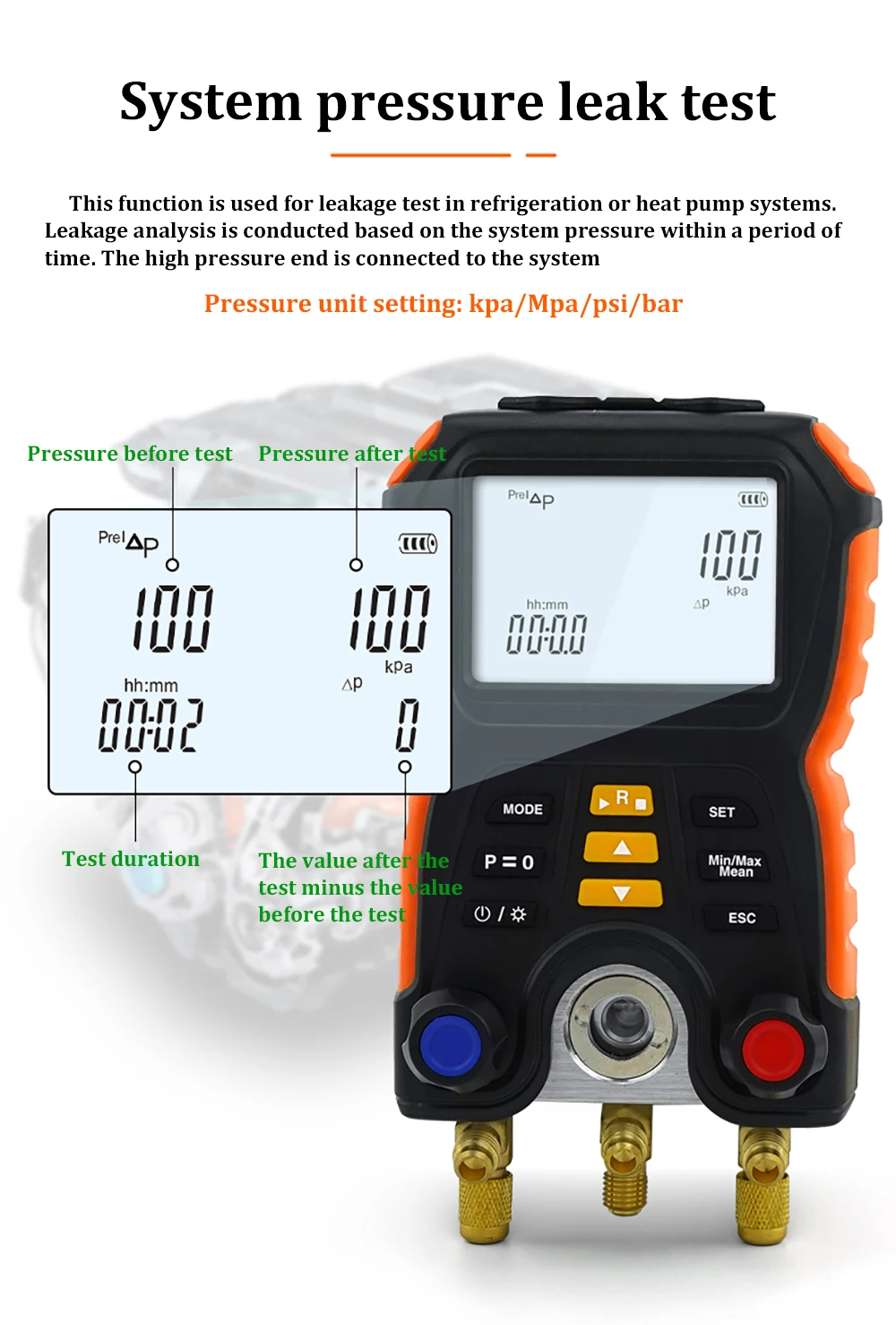 Digital Manifold Meter Refrigeration Compression Gauge Digital Pressure Tonometer Vacuum Pressure Temperature Test