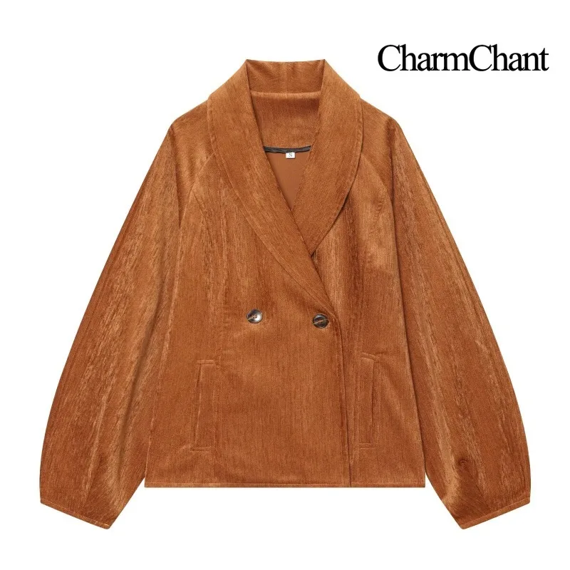 CHARMCHANT Womens Long Sleeve Corduroy Blazer Shawl Collar Double Breasted Raglan Wide Cuffs Short Relaxed Fit Fall 2026