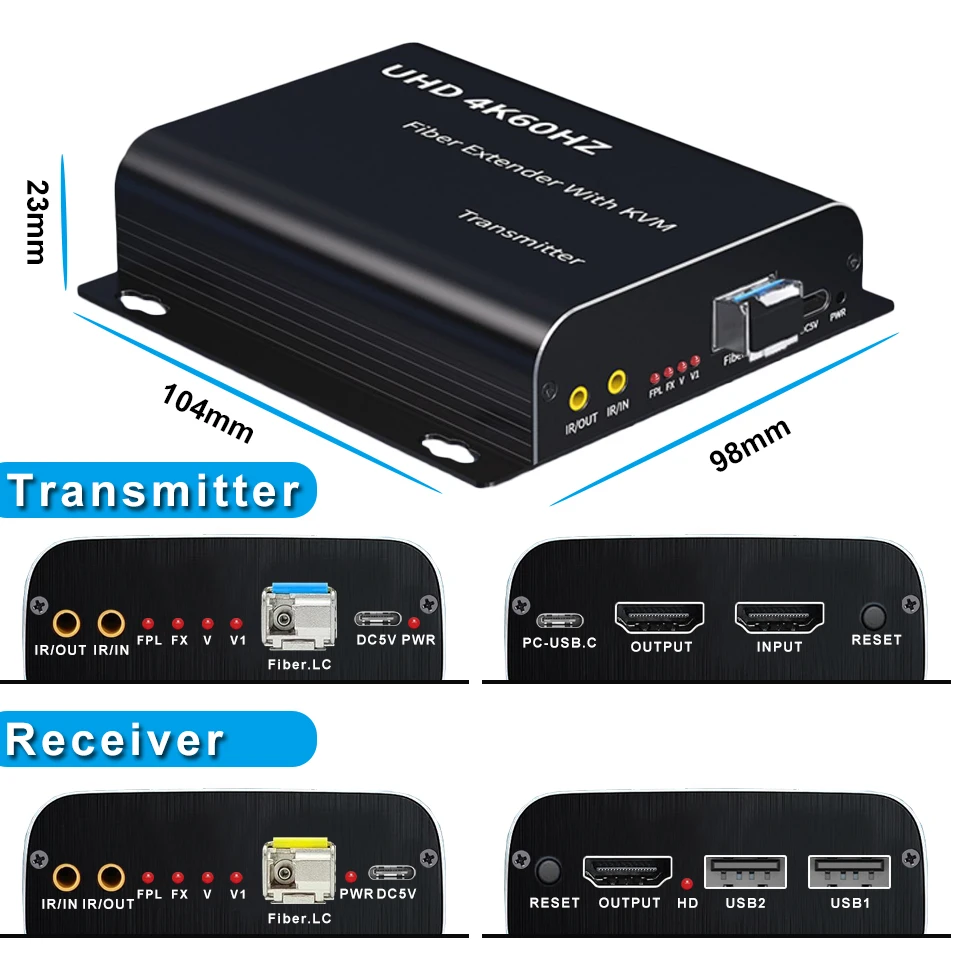 Navceker 4K 60Hz HDMI KVM Fiber Optic Extender Converter 1080P 120Hz 20Km HDMI Optical USB KVM Extender Video Audio Transmitter