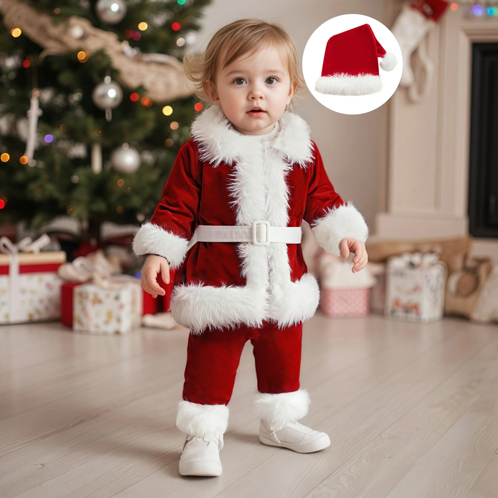 Kids Boys Girls Santa Costume Christmas Long Sleeve Belted Jacket Pants Hat Set Solid Color Holiday Cosplay 3 Pieces Outfit