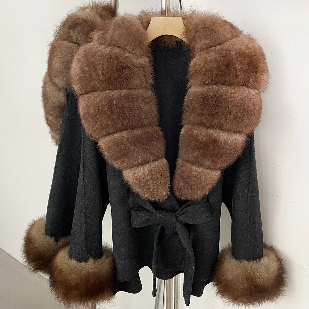 OFTBUY Luxuriöser Echtfuchs-Pelzkragen Wollmantel für Damen Neue Herbst-Winter-Kleidung mit Natürlichem Pelzgürtel 100% Wollmantel für Frauen – Detail 16