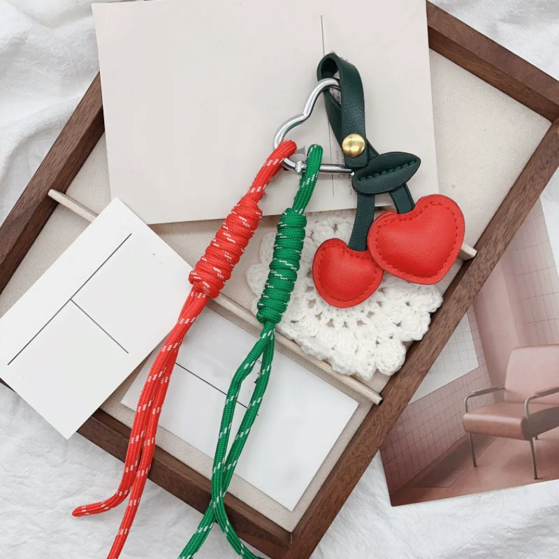 1pc NEW Fashion Personality Cherry Keychain Cute Sweet Leather Fruits Keyring Car Key Holder Bag Pendant Decoration Girls Gifts