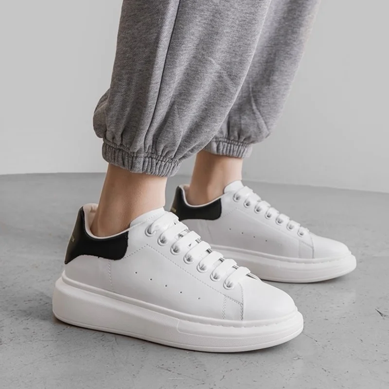 

Thick Soled White Shoes for Couples Board Shoes Lace Up Leather Casual Sports Shoes, Trendy Sponge Cake Shoes Good Quality