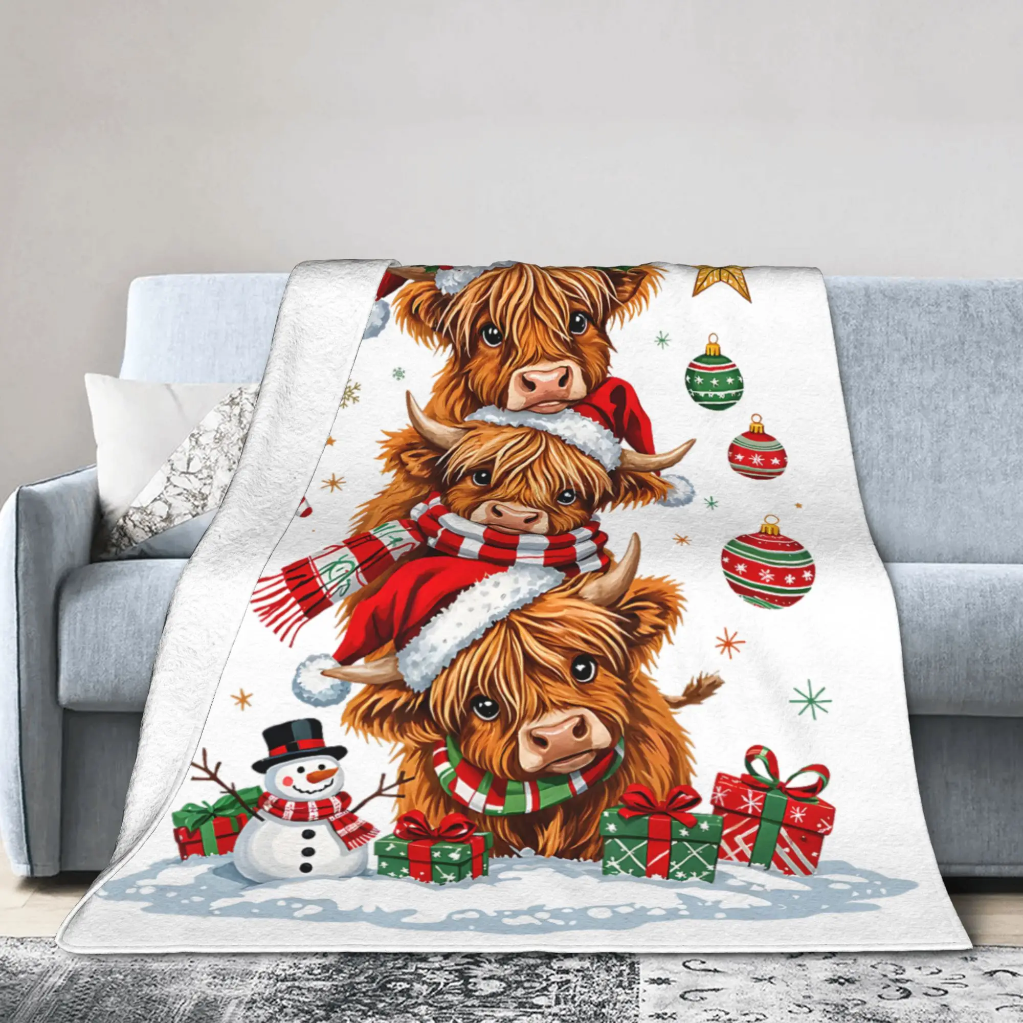 Funny Merry Moo Cow Blanket Cover Highland Cow Christmas Snowman Fleece Throw Blankets Bedding Couch Soft Warm Bedspread