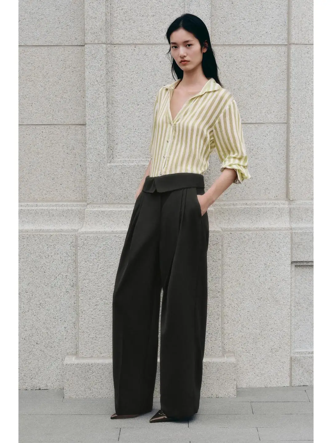 عادية مخطط طويل Sve irt V-Ne بدوره إلى أسفل طوق مستودع العمل ip الخريف Faion بسيط Ele المرأة الأعلى #1