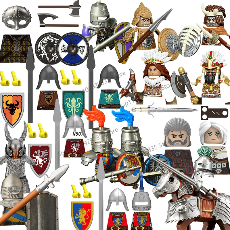 Image of Mittelalterliche Burg-Figuren Bausteine Schwarzer Adler Roter Löwe Schwertkämpfende Ritter Wikinger-Soldaten Bauern-Militia Bausteine Kinderspielzeug