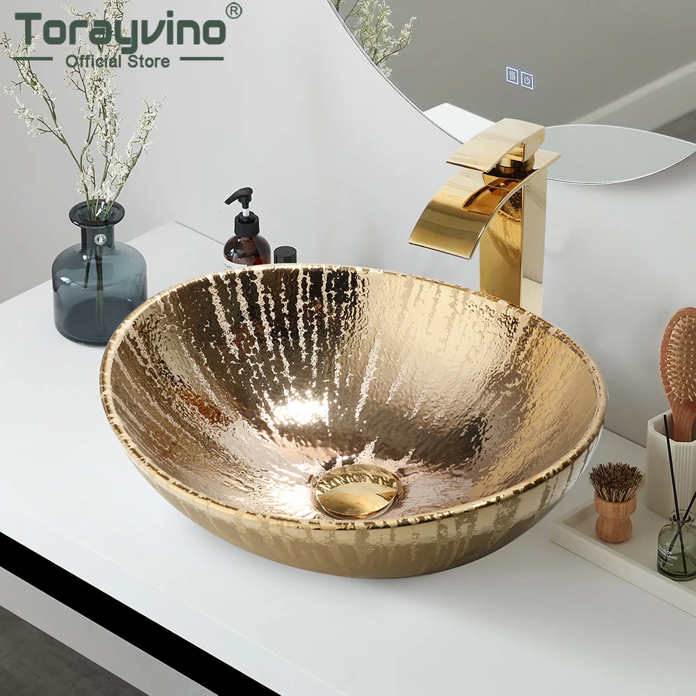 

Раковина для ванной комнаты Torayvino, золотая керамическая овальная сосуда со смесителем и всплывающей сливной чашей, комплект раковины над столешницей