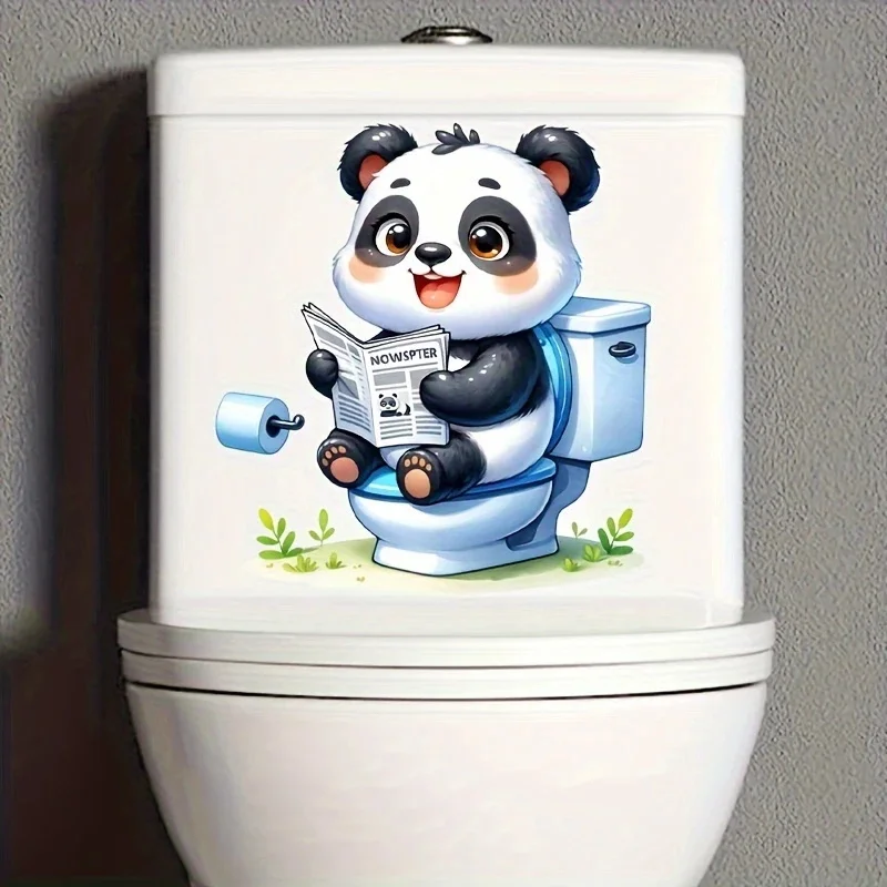 MT1387# Panda Reading Newspaper Bathroom Decals, Waterproof Self-Adhesive Ceramic Toilet Sticker, Animal Print