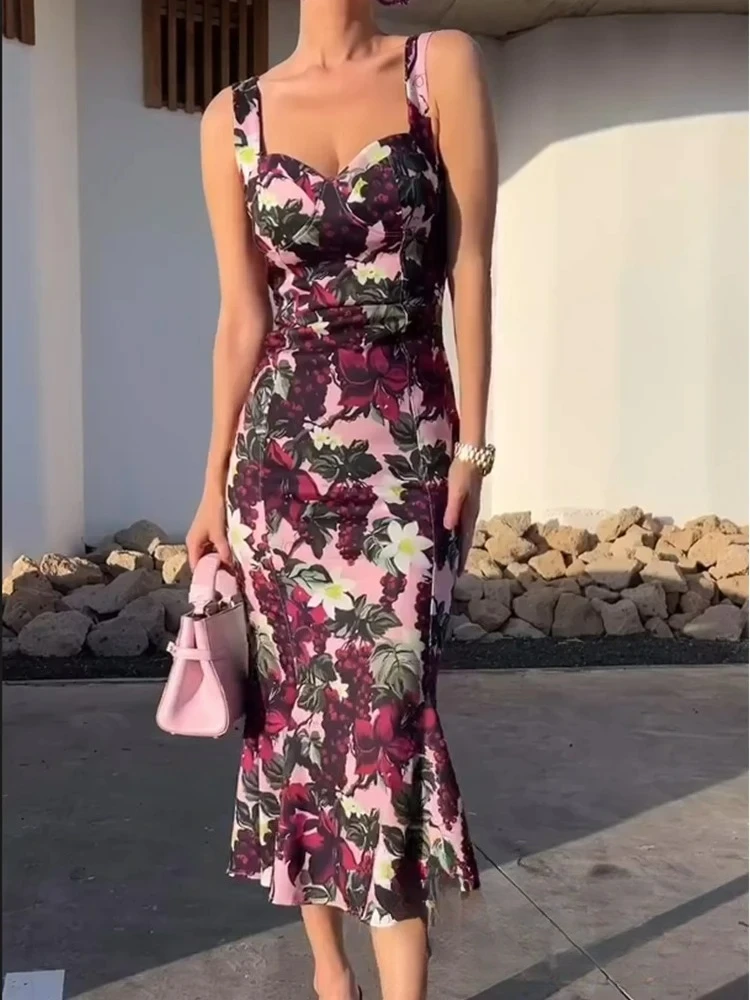 فستان كامي نسائي أنيق غير رسمي من KONDALA فستان بوق مموج مطبوع عليه فاكهة موضة جديدة 2025 فستان عطلة صيفية للربيع والشاطئ