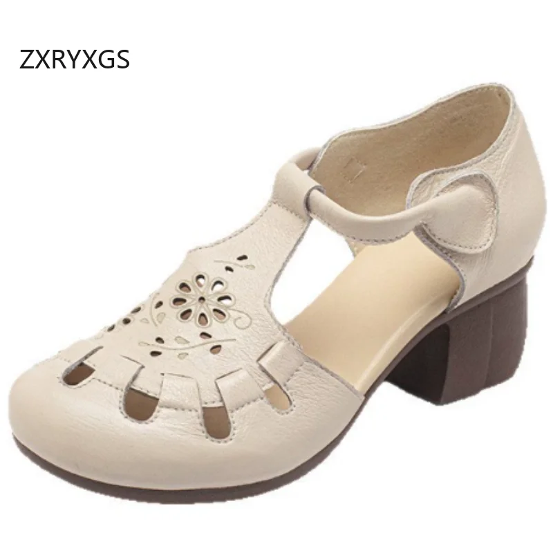

ZXRYXGS Hot Selling 2026 New Summer Round Toe Hollow Real Leather Sandals Women Elegant Fashion Sandals Thick Mid Heel Sandals