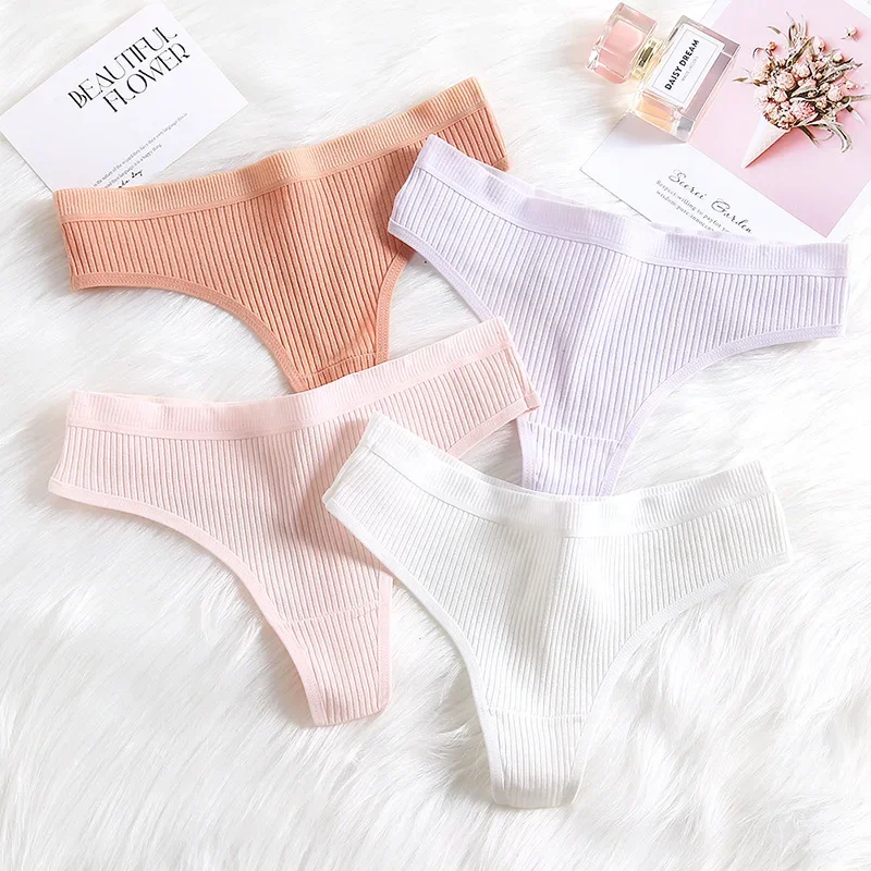 4pcs Women's Panties Set Sexy Striped Thong Comfortable Low Waist Underwear Sports G-Strings Soft Cotton Crotch Cozy Briefs