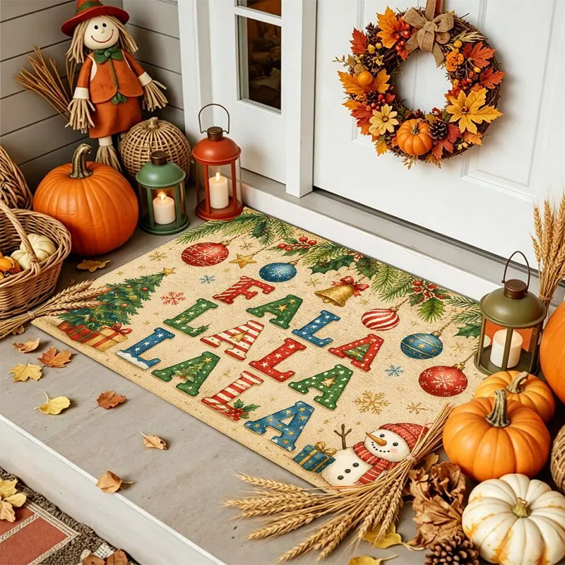 1pc Non-Slip Welcome Doormat Suitable for Christmas & Thanksgiving, Soft Flannel Rug with FALALALALA Letter Print, Snowman Bell Ornament, Machine Washable