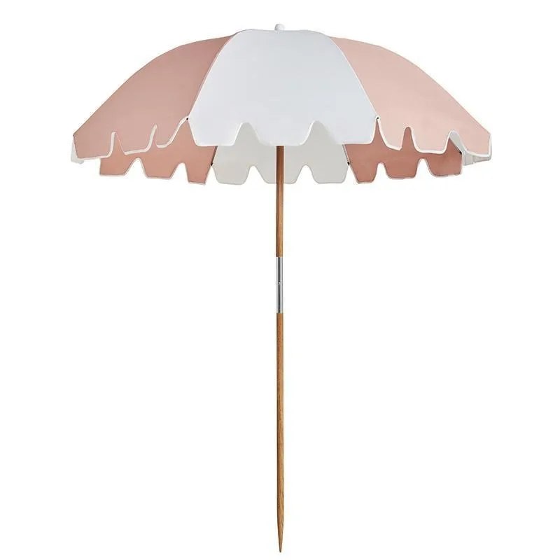 Manufacturer custom printed outdoor large portable parasol, beech wood pole, sun protection, with tassel, suitable for beach