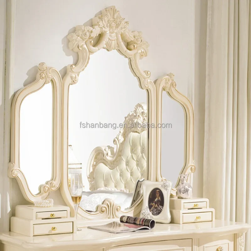 Modern European French  Style  White Wooden Dressing Table with 3 Mirrors and Cupboard