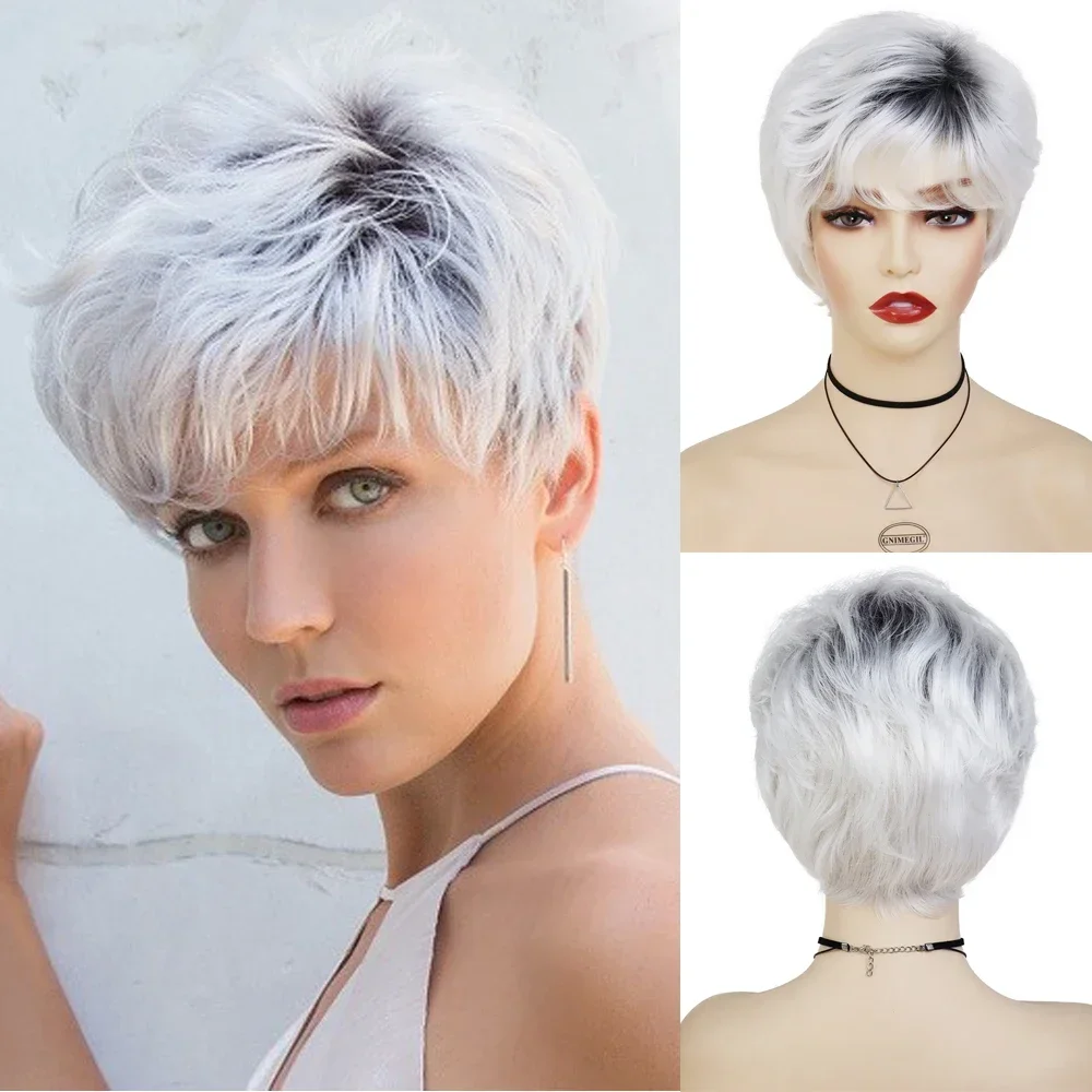 Synthetisches Haar silberweiße Perücken für Frauen schwarze Wurzel kurze Haarschnitte natürliche Perücken Pixie Cut alte Dame Perücke Oma Grey Blanche Perücke