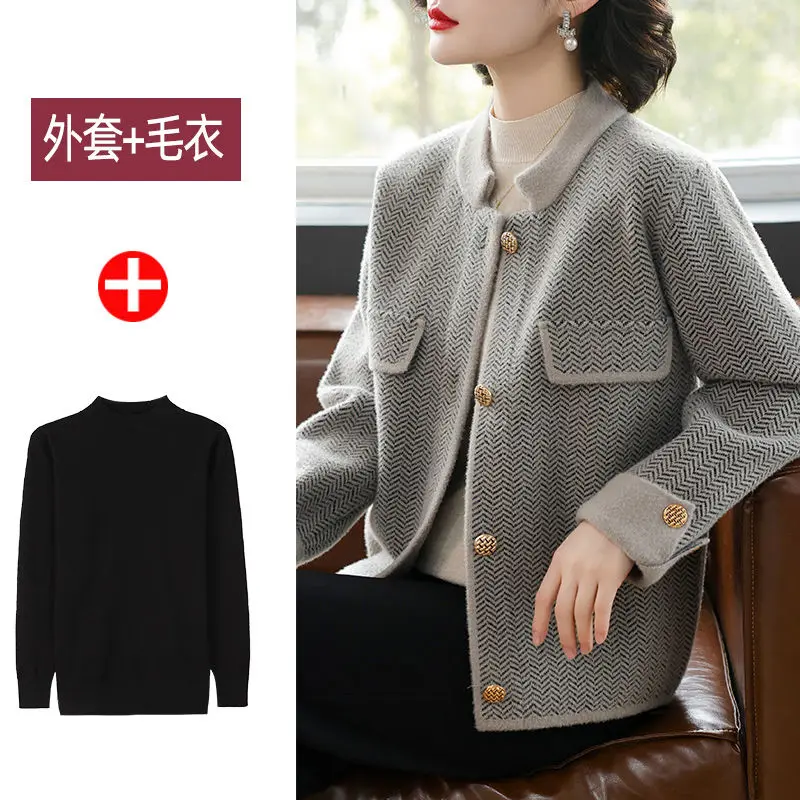 New Mom Short Coat Middle Aged and Elderly Women's Western Style Woolen Cardigan Sweater Set