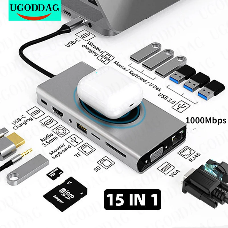 

Type C HUB Dock Docking Station USB HUB Type C To HDMI-compatible Wireless Charging USB 3.0 Adapter Laptop Accessories