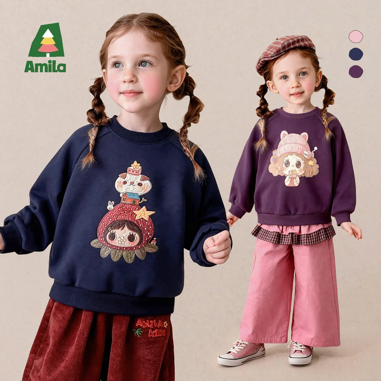 Amila 2026 Autumn New Kids Crew Neck Sweatshirt Cute Doll Digital Print Fun Oversized Pattern Daily Casual Wear