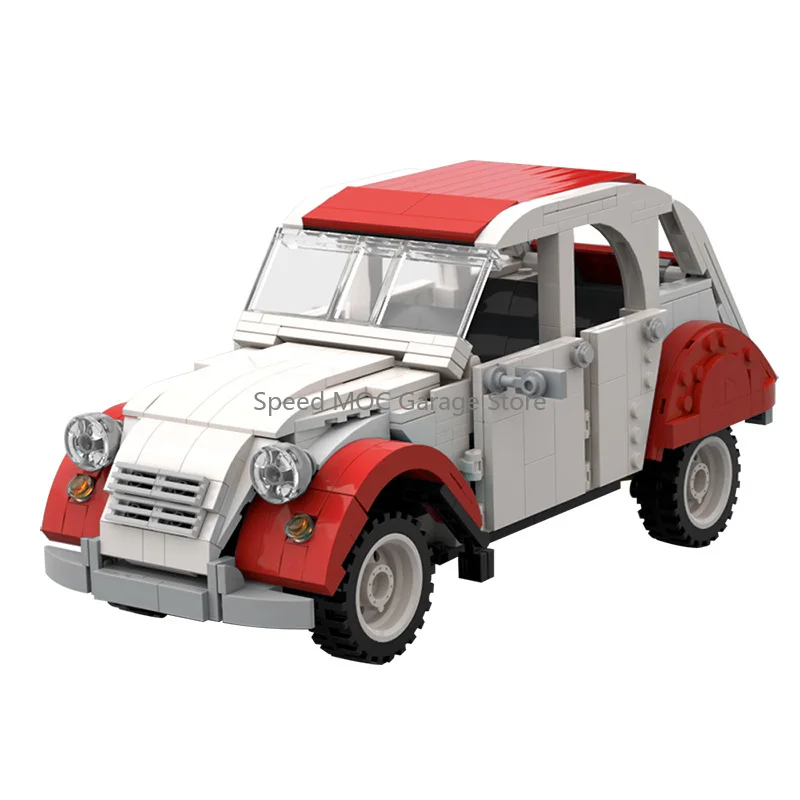 Red White Vintage French Classic Compact Car MOC Blocks Set, Retro Old City Buggy, DIY Collectible Building Toy Gift