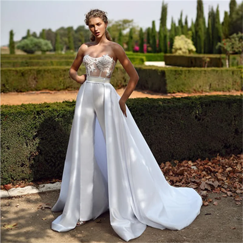 

Detachable Jumpsuit Wedding Dresses Sheath Sweetheart Chiffon Appliques Boho Beach Wedding Gown Bridal Dress Vestido De Noiva