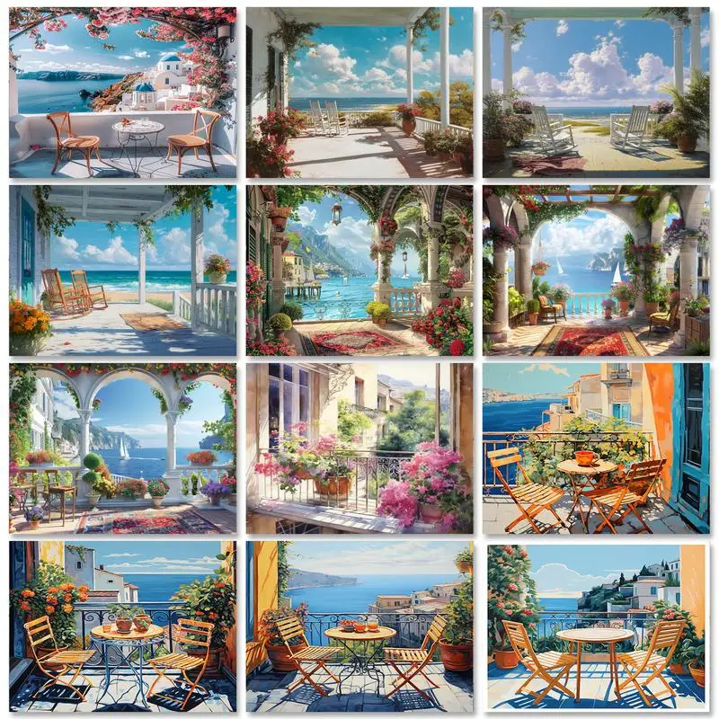GATYZTORY Oil Painting By Numbers For Adults Balcony Coloring By Numbers Diy Gift Picture Drawing countryside Scenery Handpainte