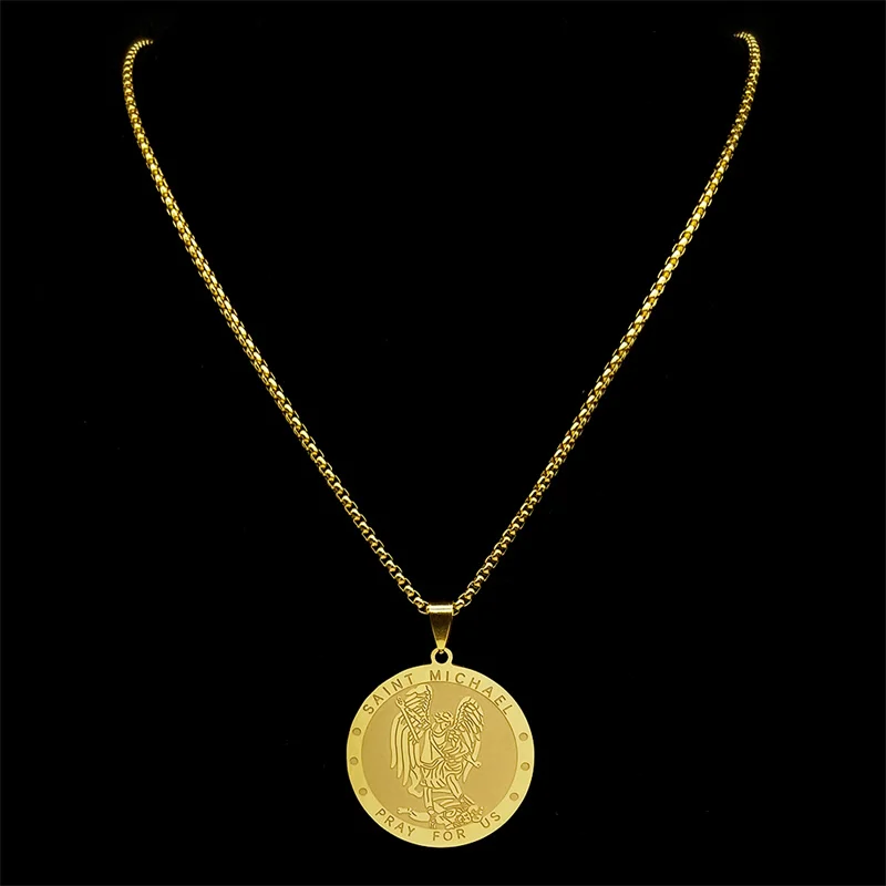 SAINT MICHAEL PRAY FOR US Archangel Stainless Steel Pendant Necklaces Chain Men Women Gold Color Choker Necklace Amulet Jewelry image 2