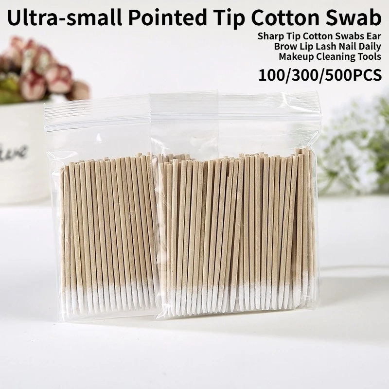 100/300/500PCS Ultra-small Pointed Tip Cotton Swab Sharp Tip Cotton Swabs Ear Brow Lip Lash Nail Daily Makeup Cleaning Tools
