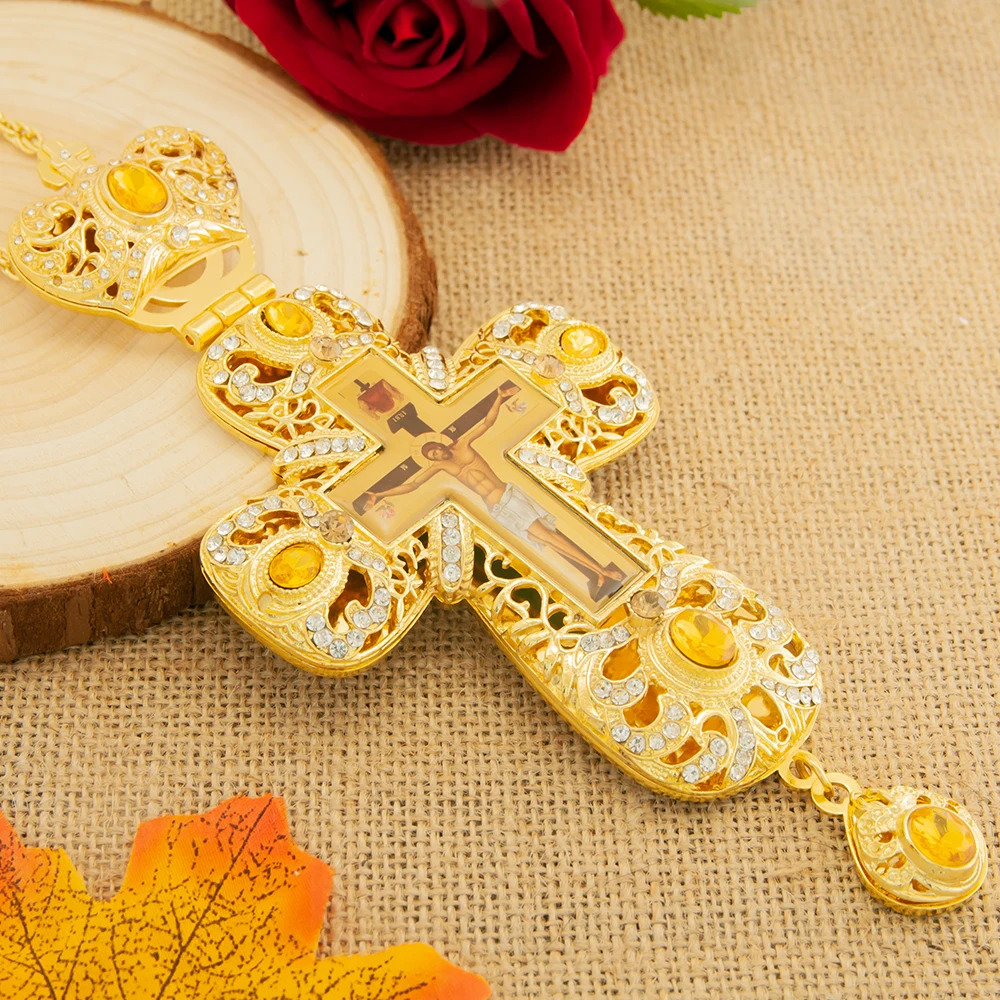 HTISOK Orthodox Cross Pendant, Zinc Alloy Jesus Pendant, Gold Plated with Yellow Gemstones Rhinestones, Gift Box Priest Cross