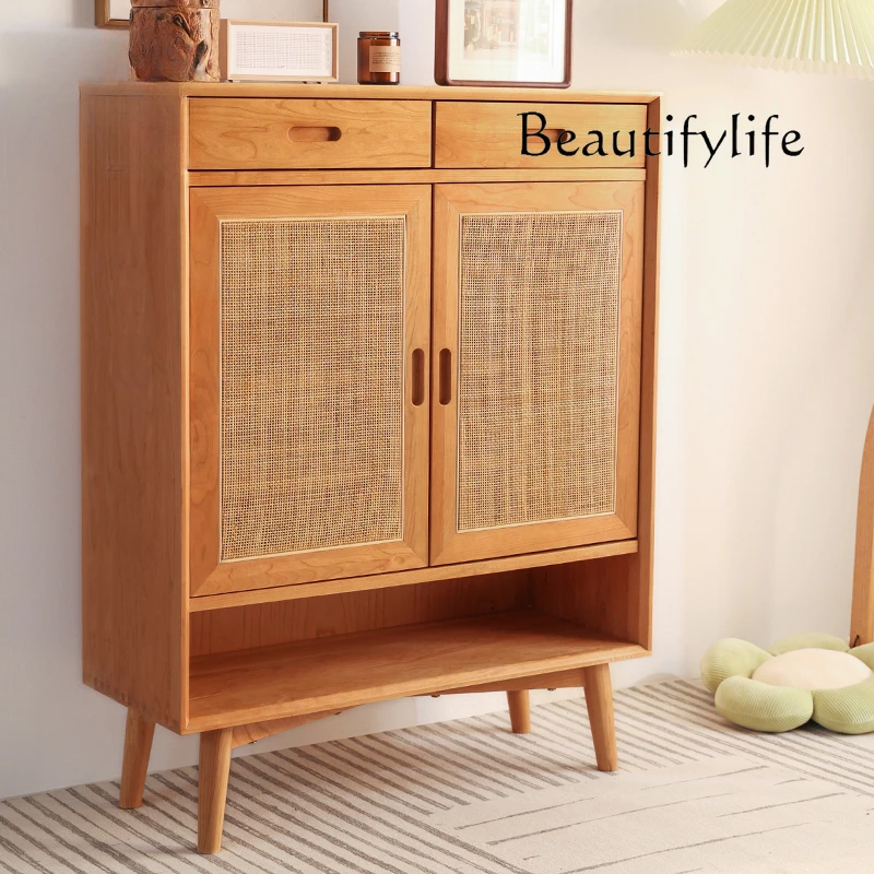 

Nordic Solid Wood Rattan Shoe Cabinet Cherrywood Japanese Modern Minimalist Locker Partition Entrance Cabinet