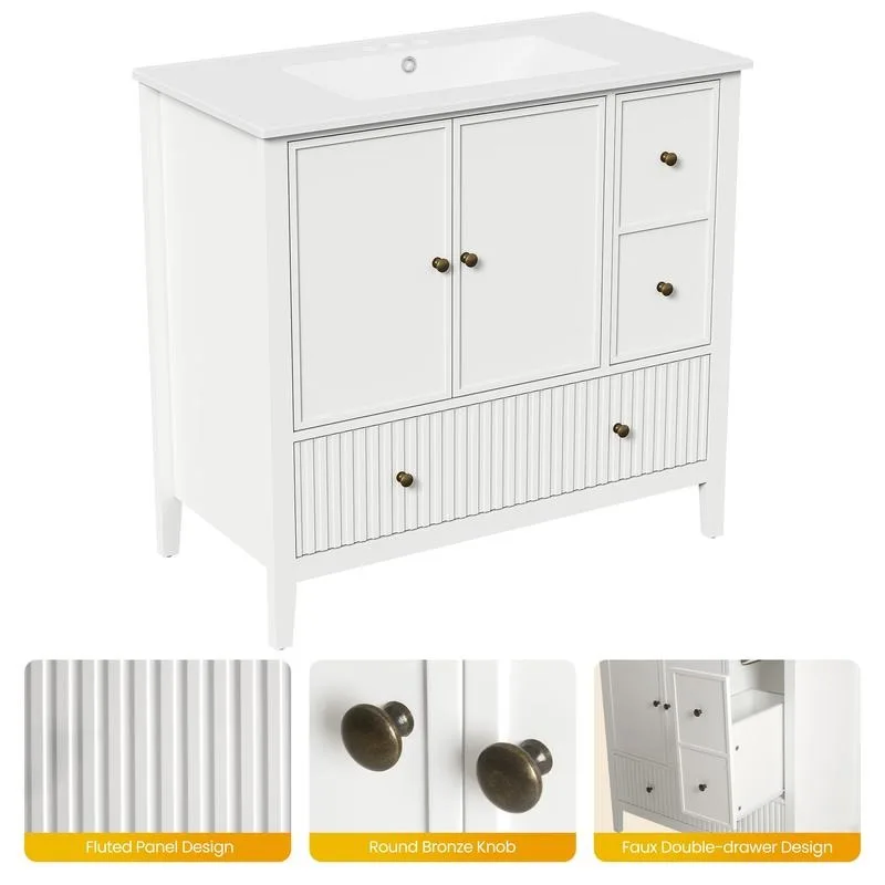 36'' Bathroom Vanity with Sink, Modern Bathroom Vanity Sink Cabinet with Doors and Fluted Drawers, Free Standing Bathroom Storage Cabinet with Sink Combo Set, White